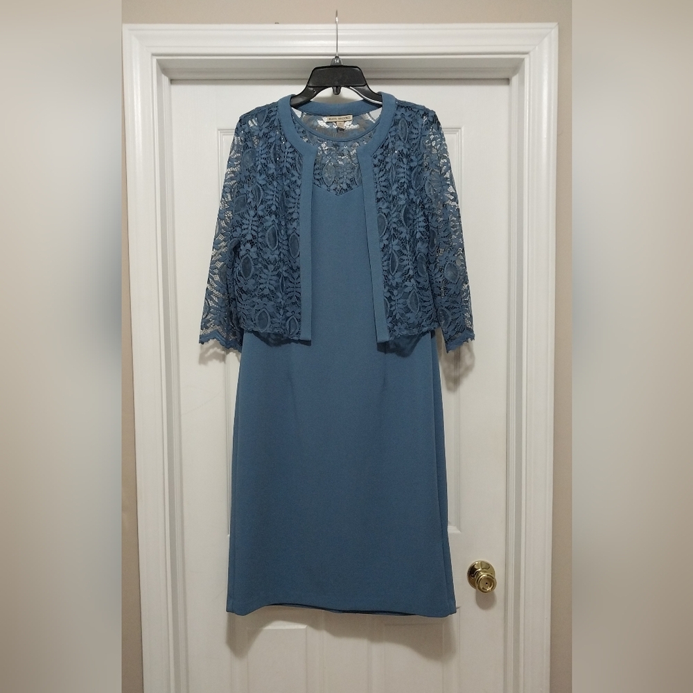 Maya Brooke 2 Piece Sleeveless Dress With Lace Jacket Dusty/Slate Blue Size 14